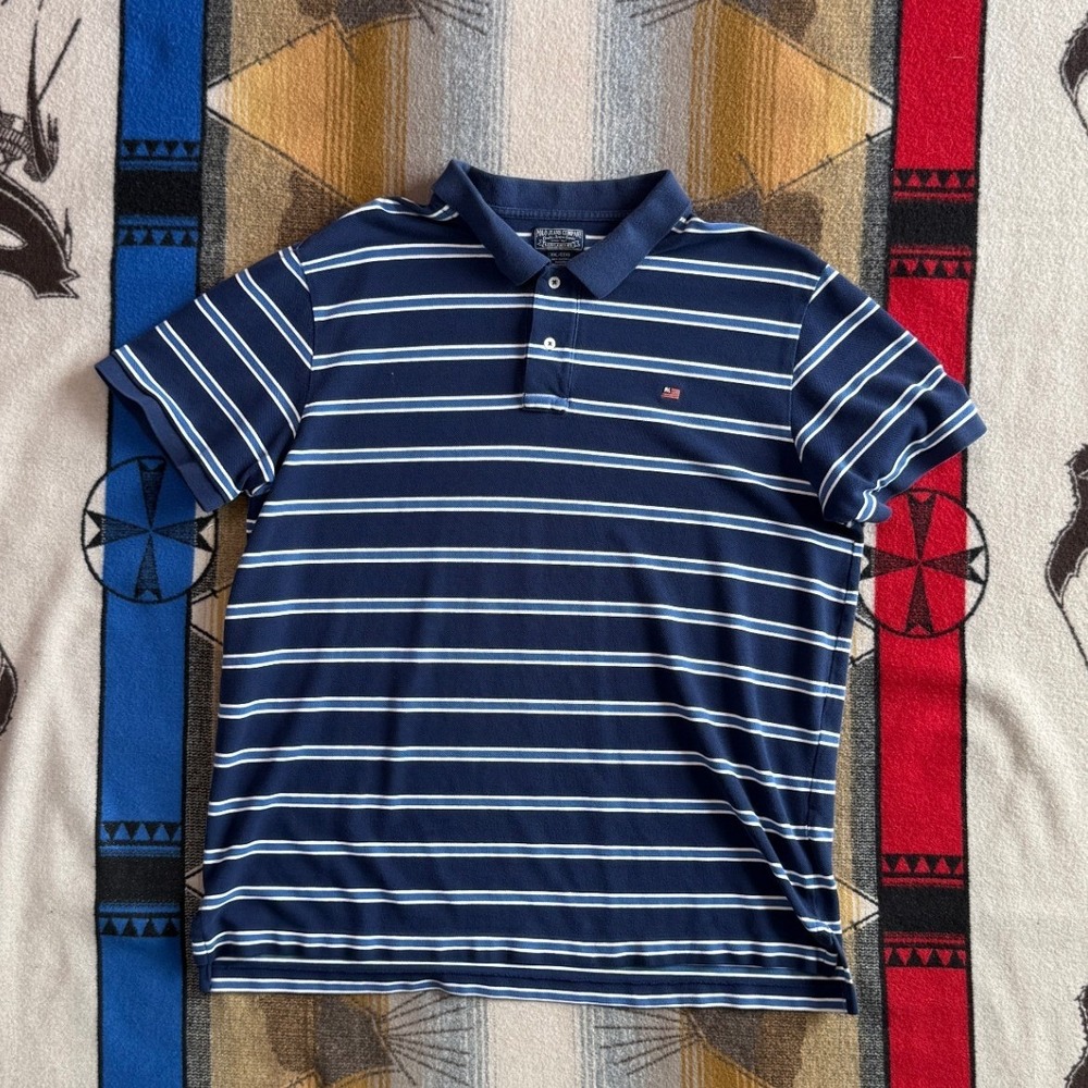 Polo Jeans Co Ralph Lauren Mens XXL Navy Blue Striped Cotton Pique Polo Shirt